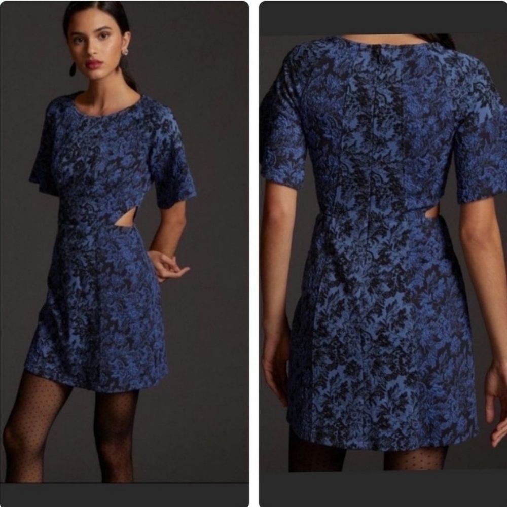 By Anthropologie Blue Brocade Cut out Dress